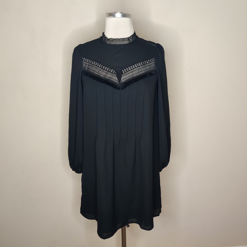 Ann Taylor Dress Long Sleeve‎ Lace Inset Fringe Pleated